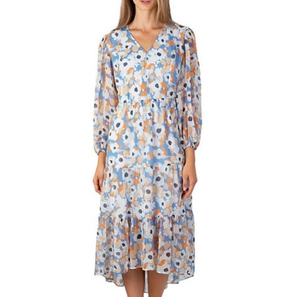 Joie Blue Floral Fields Tiered Chiffon Midi Dress‎ Size Small